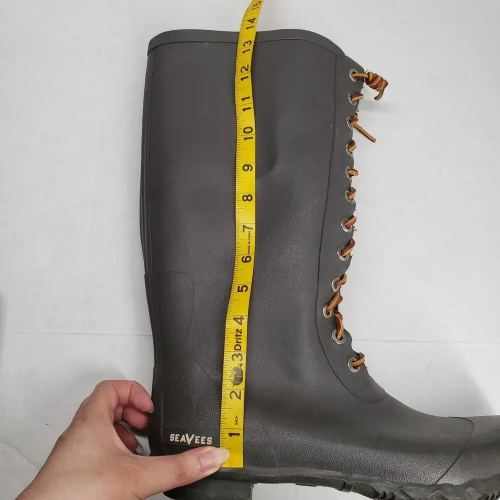 SeaVees Off Shore Tall Rubber Rain Boots Mens 10 Gray Winter Fisherman Flannel